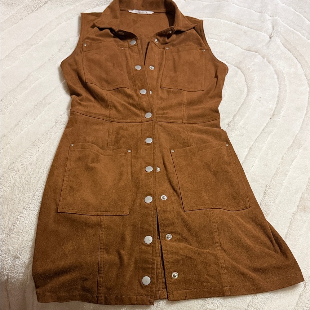 Sleeveless Suede Snap Button-Down Dress